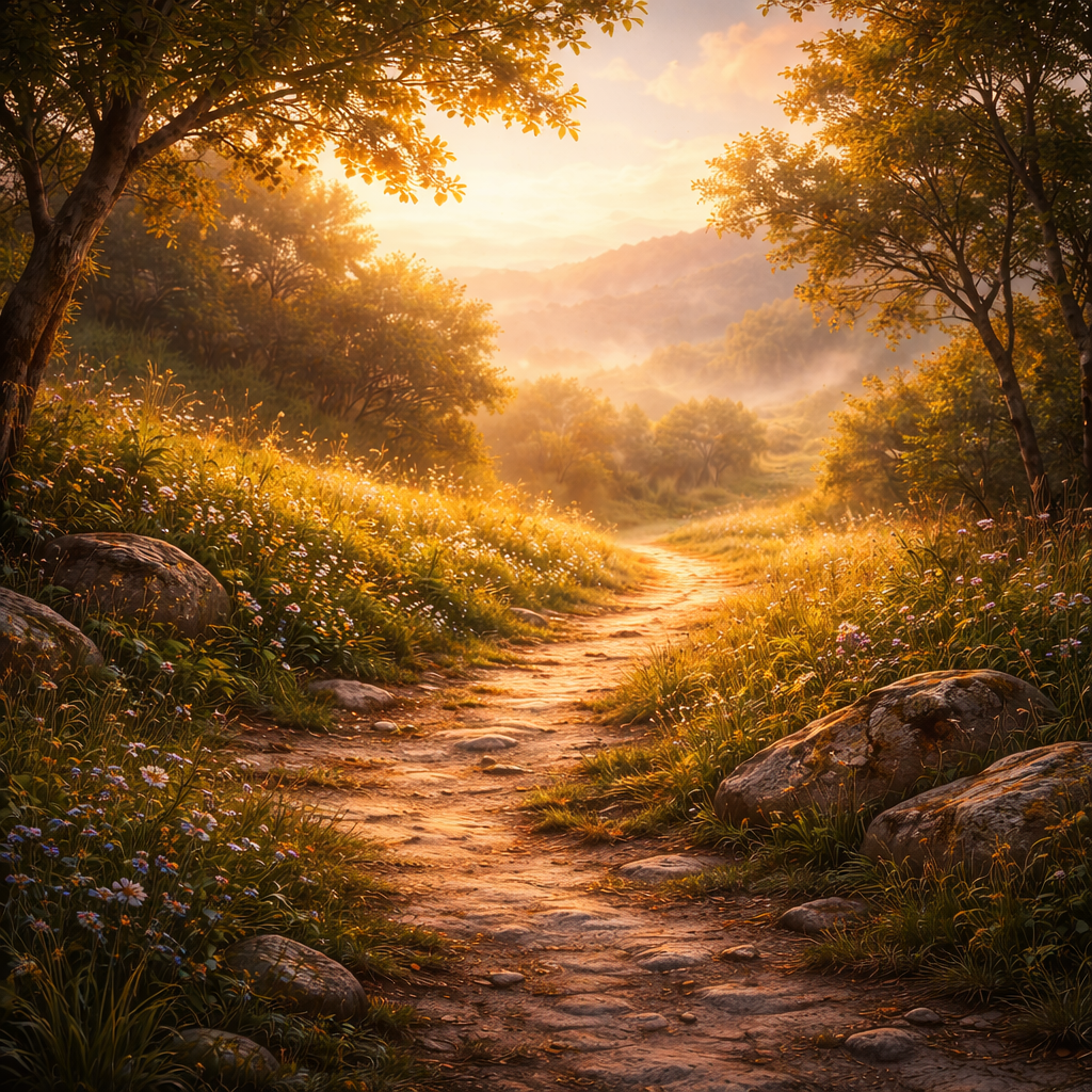 A sunlit path winding gently uphill through a natural landscape, symbolizing the spiritual journey of the Omer and gradual inner refinement